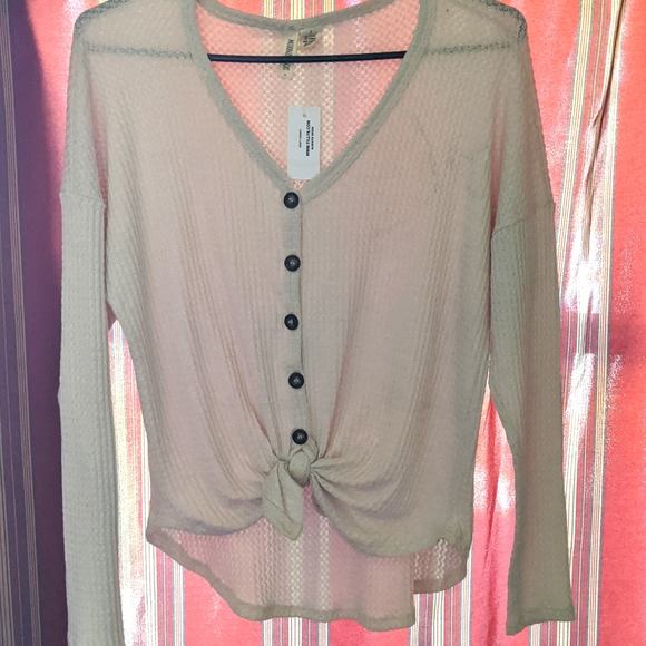 Waffle Weave Button Down, Tie Up Shirt - Picture 1 of 5